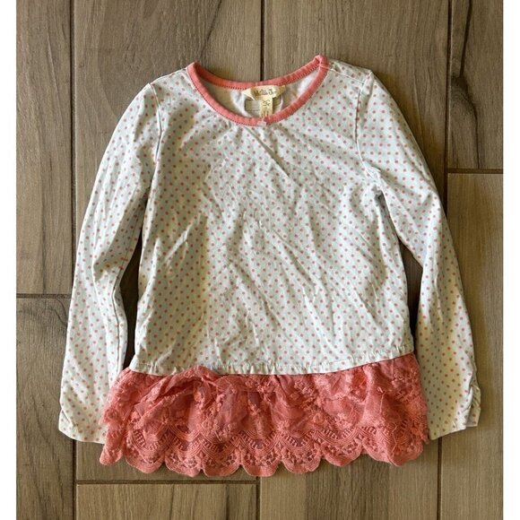 Matilda Jane Girls Polka Dot Long Sleeve Shirt w/ Pink Ruffle Hem Detail Size 4 - Picture 1 of 3